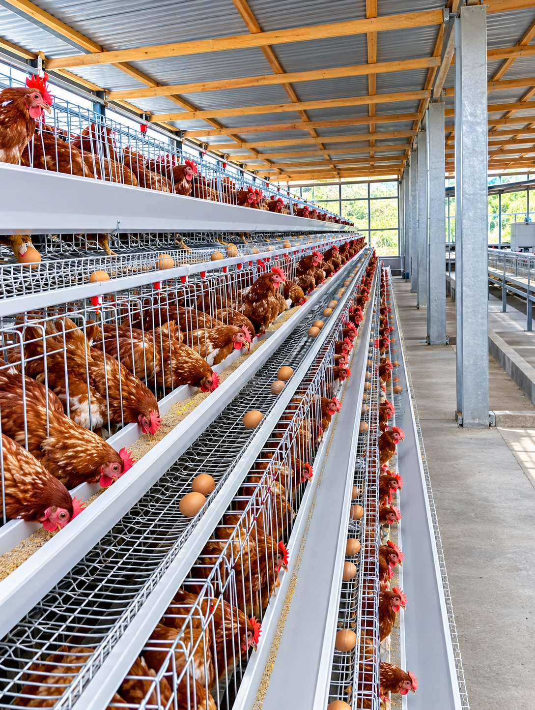 Poultry layer cages with feeding troughs